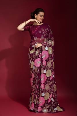 Wine Sequin Embroidery Georgette Saree with Blouse 1