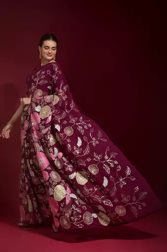 Wine Sequin Embroidery Georgette Saree with Blouse