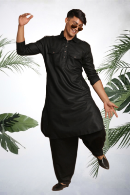 Men's black cotton blend pathani suit set 2