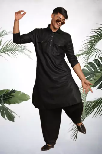 Men's black cotton blend pathani suit set