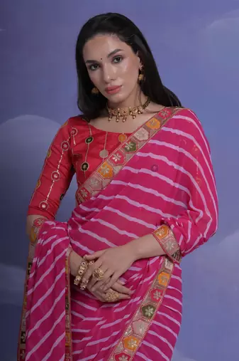 Rani Pink Multi Dhaga Coding Sequin Georgette Saree with Blouse