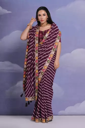 Wine Multi Dhaga Coding Sequin Georgette Saree with Blouse