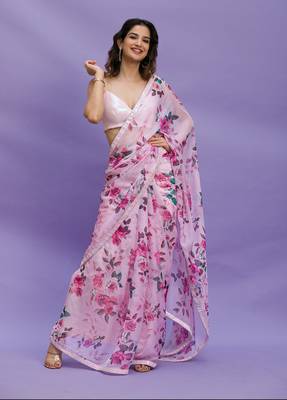 Pink Digital Print with Sequin Lace Chinon Saree with Blouse 1
