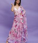 Pink Digital Print with Sequin Lace Chinon Saree with Blouse