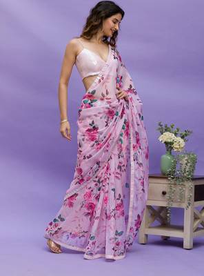 Pink Digital Print with Sequin Lace Chinon Saree with Blouse 2