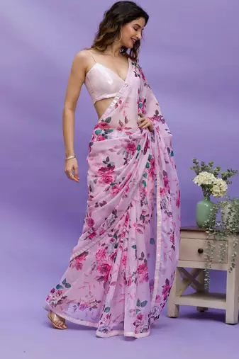 Pink Digital Print with Sequin Lace Chinon Saree with Blouse