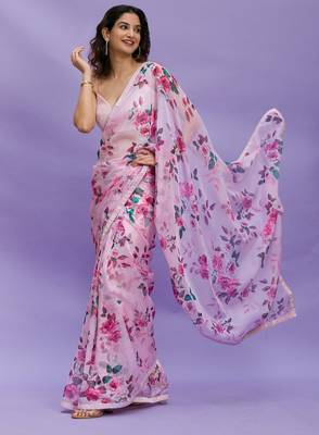 Pink Digital Print with Sequin Lace Chinon Saree with Blouse 3