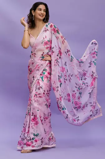 Pink Digital Print with Sequin Lace Chinon Saree with Blouse
