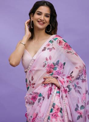 Pink Digital Print with Sequin Lace Chinon Saree with Blouse 4