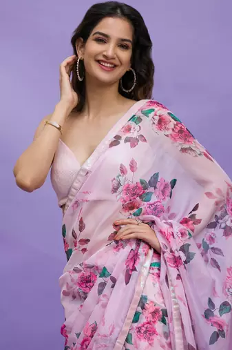 Pink Digital Print with Sequin Lace Chinon Saree with Blouse