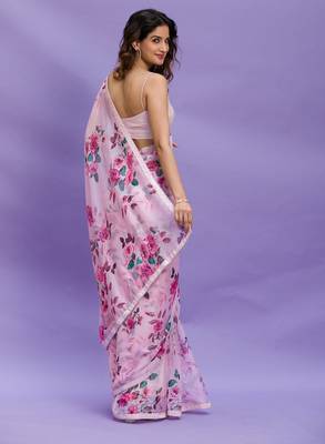 Pink Digital Print with Sequin Lace Chinon Saree with Blouse 5