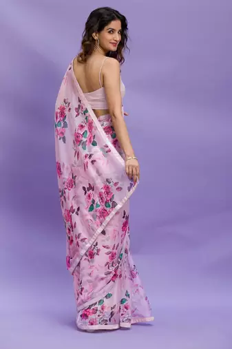 Pink Digital Print with Sequin Lace Chinon Saree with Blouse