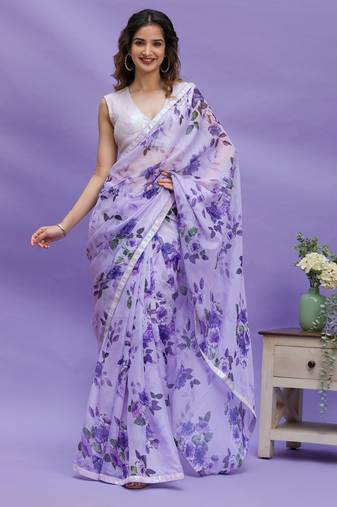 Purple Digital Print with Sequin Lace Chinon Saree with Blouse
