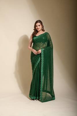 Green Sequin Embroidery Soft Georgette Saree with Blouse 1