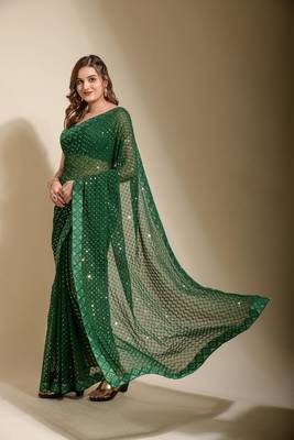 Green Sequin Embroidery Soft Georgette Saree with Blouse 2