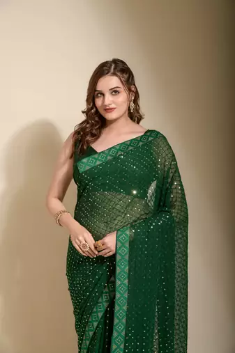 Green Sequin Embroidery Soft Georgette Saree with Blouse
