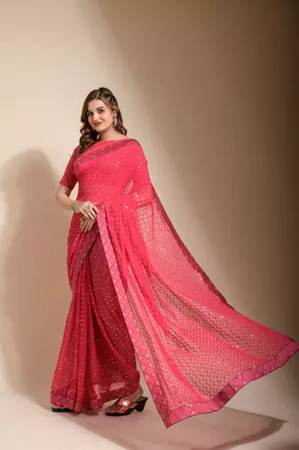 Pink Sequin Embroidery Soft Georgette Saree with Blouse