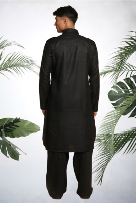 Men's black cotton blend pathani suit set 4