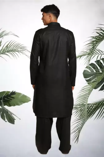 Men's black cotton blend pathani suit set