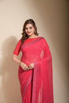Pink Sequin Embroidery Soft Georgette Saree with Blouse 3