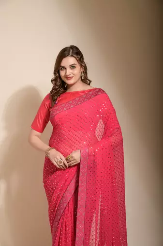 Pink Sequin Embroidery Soft Georgette Saree with Blouse