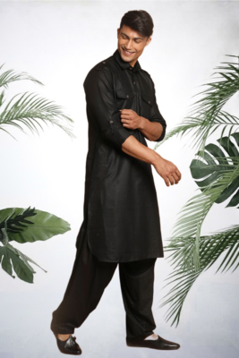 Men's black cotton blend pathani suit set 5