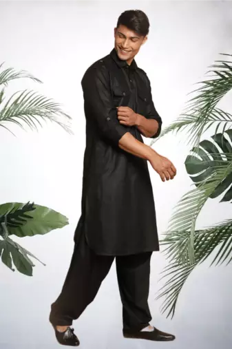 Men's black cotton blend pathani suit set