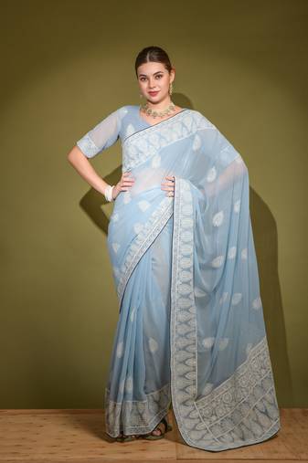 Sky Blue Heavy Lakhnavi Thread Georgette Saree with Blouse