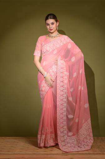 Pink Heavy Lakhnavi Thread Georgette Saree with Blouse