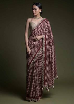 Wine Sequin Codding Chinon Saree with Blouse 1