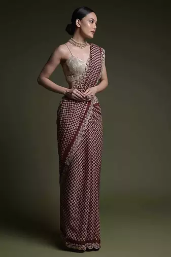Wine Sequin Codding Chinon Saree with Blouse