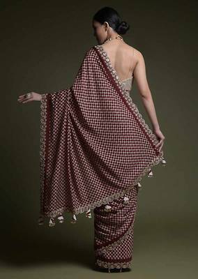 Wine Sequin Codding Chinon Saree with Blouse 3