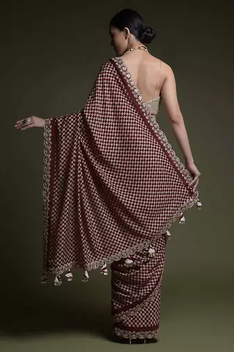 Wine Sequin Codding Chinon Saree with Blouse