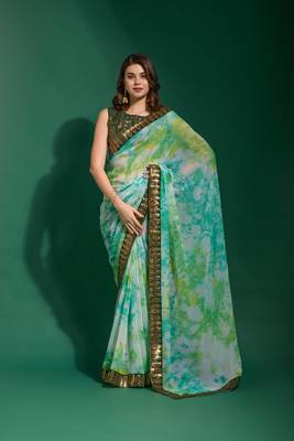 Sea Green Sequin Embroidery Chiffon Saree with Blouse 1