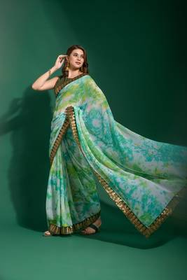 Sea Green Sequin Embroidery Chiffon Saree with Blouse 2