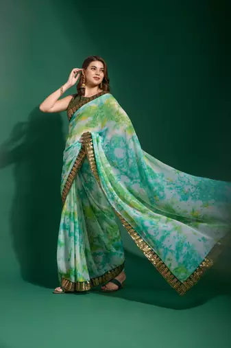 Sea Green Sequin Embroidery Chiffon Saree with Blouse