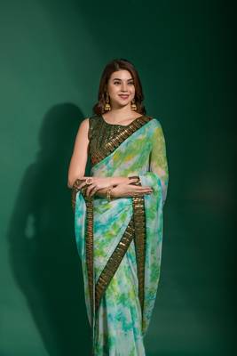 Sea Green Sequin Embroidery Chiffon Saree with Blouse 3