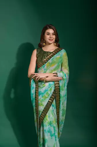 Sea Green Sequin Embroidery Chiffon Saree with Blouse