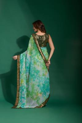 Sea Green Sequin Embroidery Chiffon Saree with Blouse 4