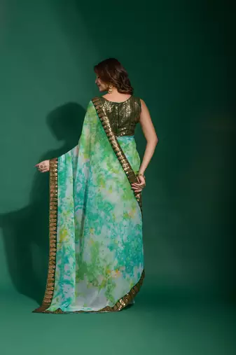 Sea Green Sequin Embroidery Chiffon Saree with Blouse