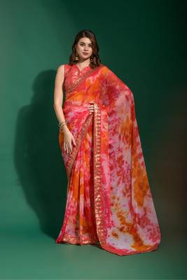 Coral Sequin Embroidery Chiffon Saree with Blouse 1