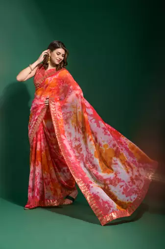 Coral Sequin Embroidery Chiffon Saree with Blouse