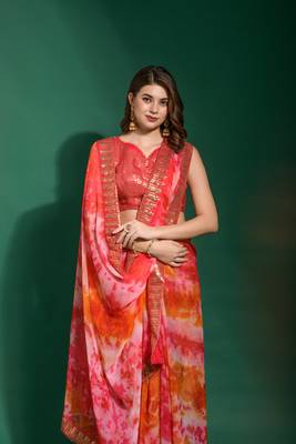 Coral Sequin Embroidery Chiffon Saree with Blouse 3