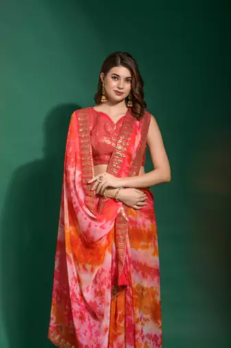 Coral Sequin Embroidery Chiffon Saree with Blouse