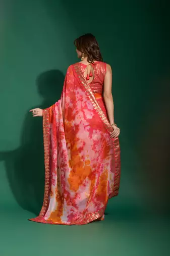 Coral Sequin Embroidery Chiffon Saree with Blouse