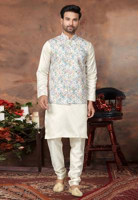 white printed silk nehru jacket with kurta pajama for men 1