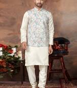 white printed silk nehru jacket with kurta pajama for men