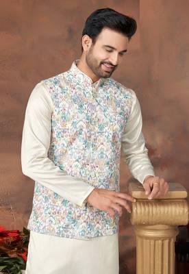 white printed silk nehru jacket with kurta pajama for men 2