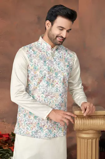 white printed silk nehru jacket with kurta pajama for men
