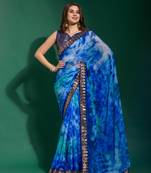 Blue Sequin Embroidery Chiffon Saree with Blouse